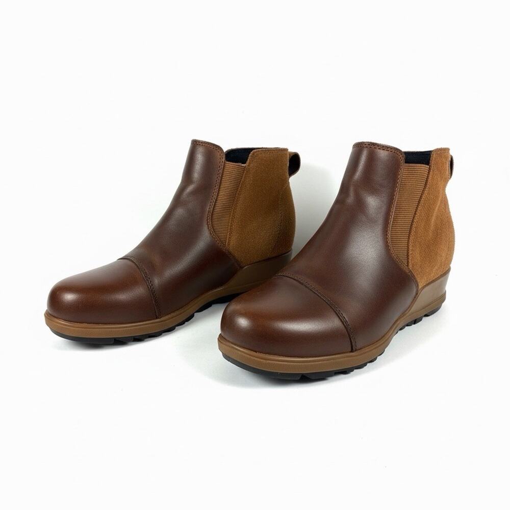 Sorel Brown Evie Leather Suede Chelsea Ankle Boots Lug Sole Waterproof Size 9